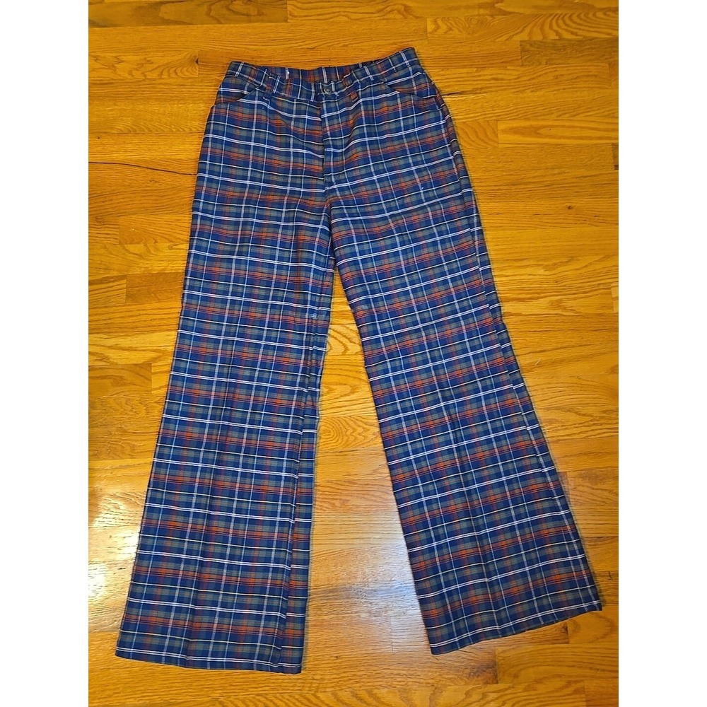 Vtg Levis For Me BIG E Pant Women Blue Red Check Plaid Wide Bell Leg 70s 31"×32"